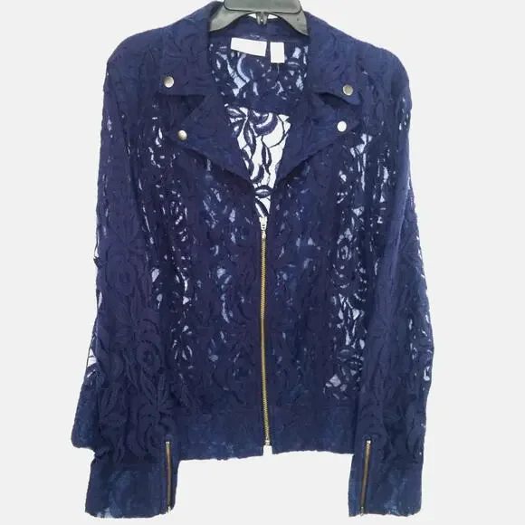Chicos Navy Lace Moto Jacket Blue Sheer Zip Front Cuffs Long Sleeve Feminine - Picture 1 of 10